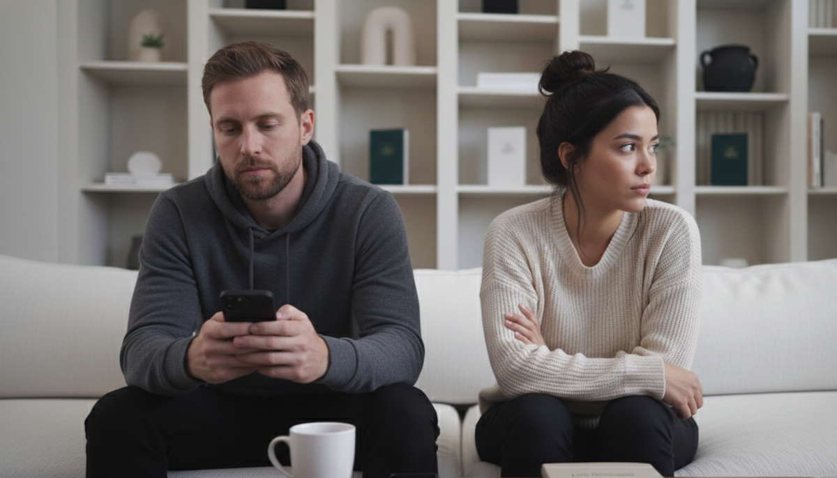 disconnected couple in a relationship. Man using a phone while a woman sits on a couch with arms crossed, in a living room setting.
