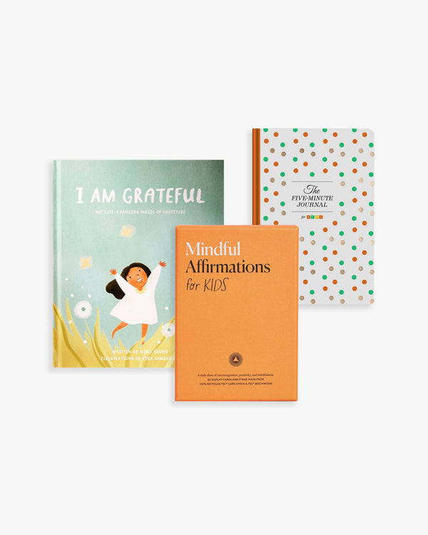 Focus young minds on the good things in their lives, fostering gratitude and a growth mindset with the Learning and Growing bundle, featuring The Five Minute Journal for Kids, Mindful Affirmations for Kids, and I Am Grateful book.