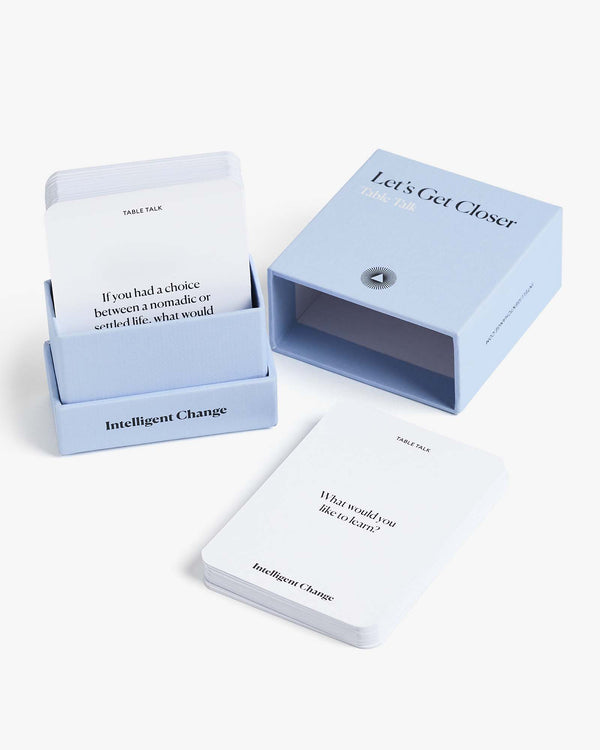 Let's get closer conversation cards based on positive psychology for dinner conversations and ice breakers. Questions that strengthen bonds and build relationships. Three level conversation cards.